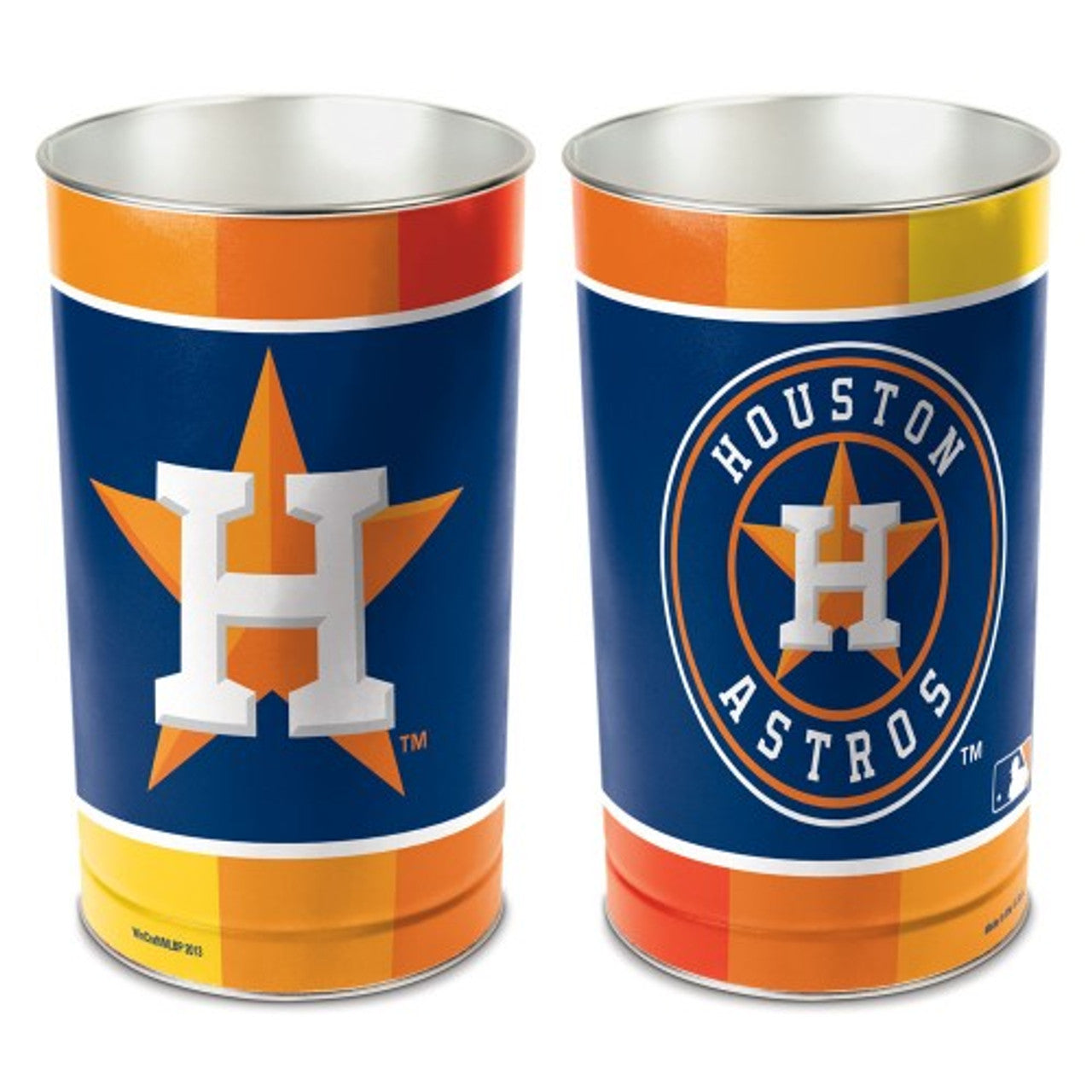 Houston Astros MLB metal trash can with team colors and logo, 15 inch tall Wincraft wastebasket, single item shown