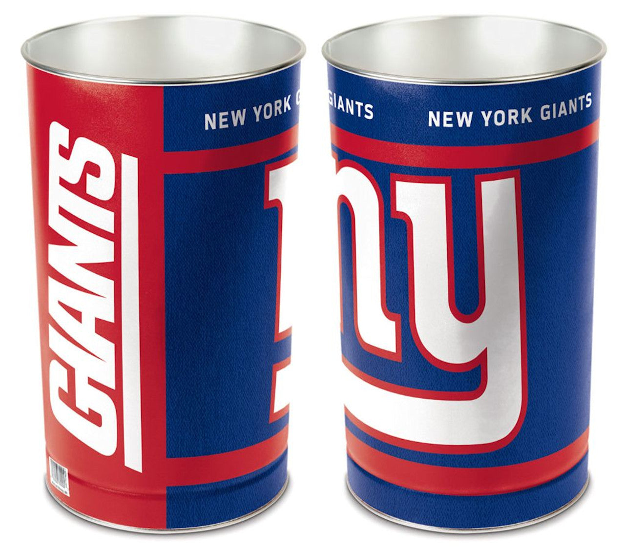 New York Giants 15-inch metal wastebasket with team logo and colors, officially licensed by WinCraft.