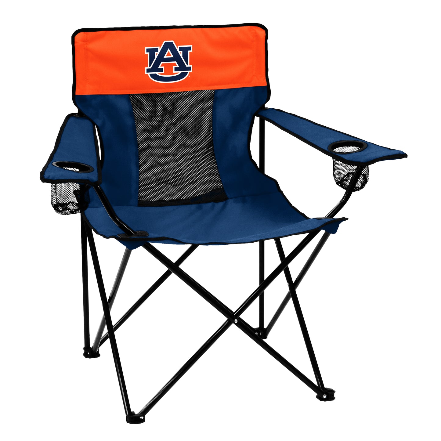 Auburn Tigers elite folding lawn chair with wide-base steel frame, breathable fabric, cup holder, and carry bag