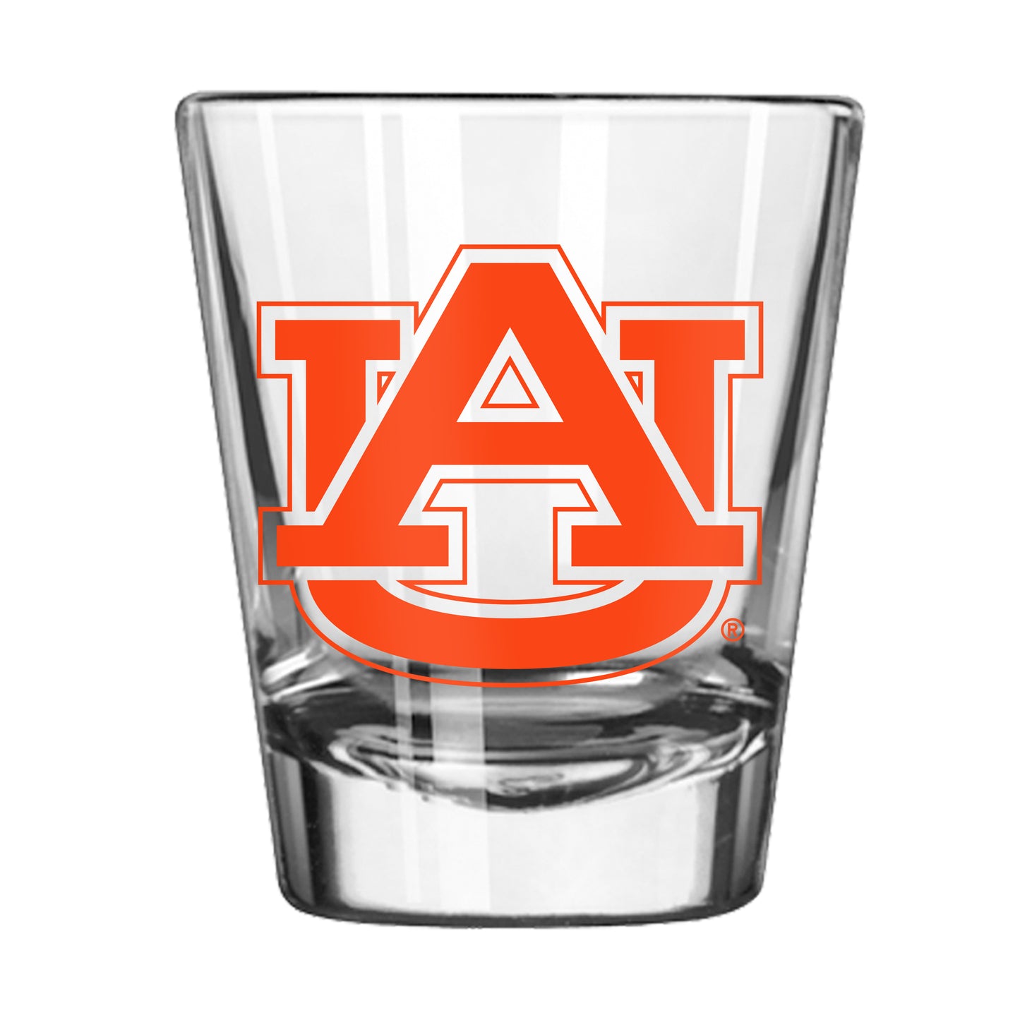 Auburn Tigers 2oz classic shot glass with team graphics, weighted base, and chip-resistant rim by Logo Brands.