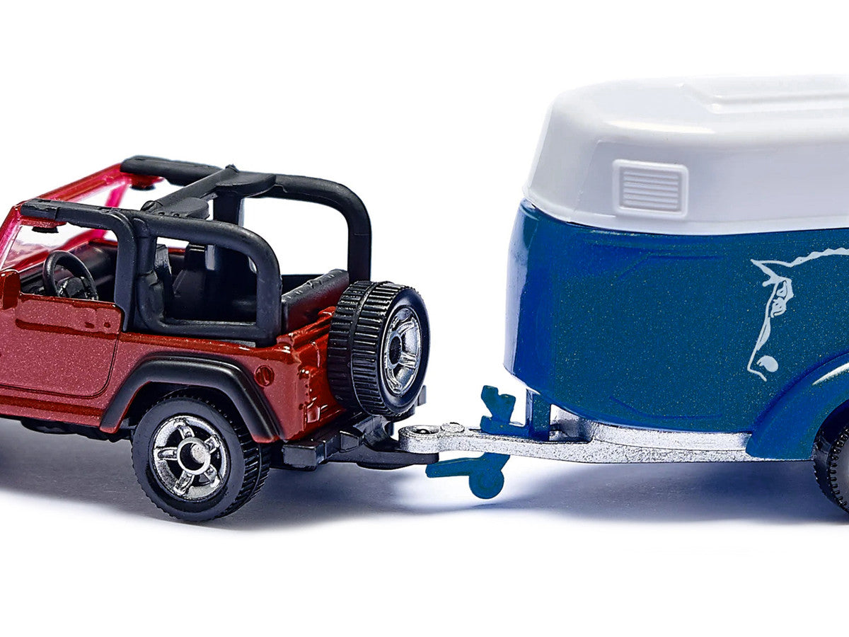 Jeep Red with Horse Trailer Blue and Horse Accessory Diecast Model by Siku