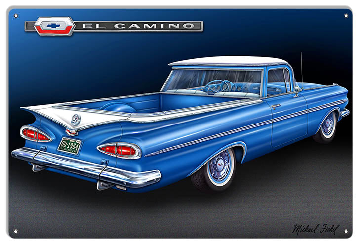 1959 Blue El Camino Metal Sign by Michael Fishel, 12"x18", made in USA, .040 gauge aluminum, predrilled for easy hanging.