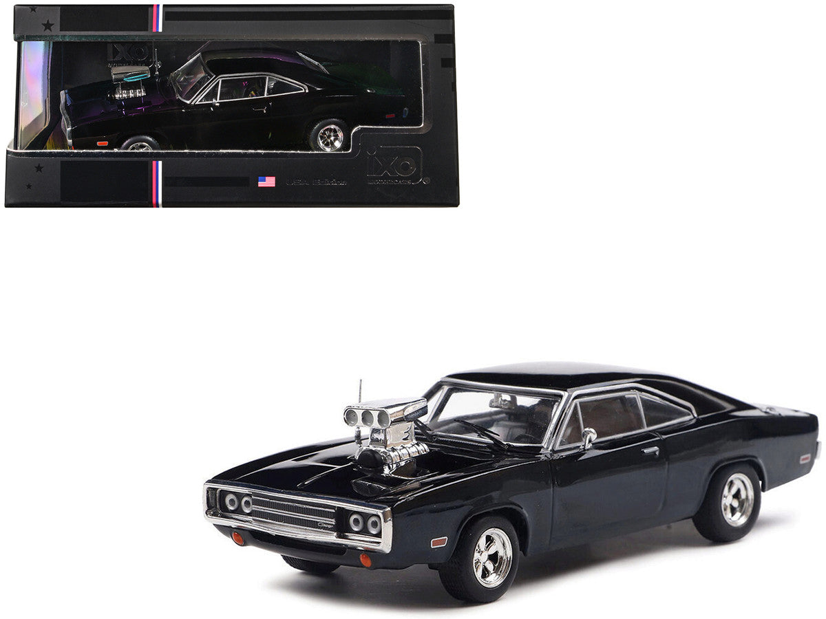 1970 Dodge Charger with Blown Engine diecast model by IXO, 1/43 scale, black, display case, true-to-scale details