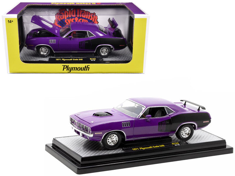 M2 Machines 1971 Plymouth Barracuda 340 purple and black diecast car, 1/24 scale, limited to 6,650 pieces.