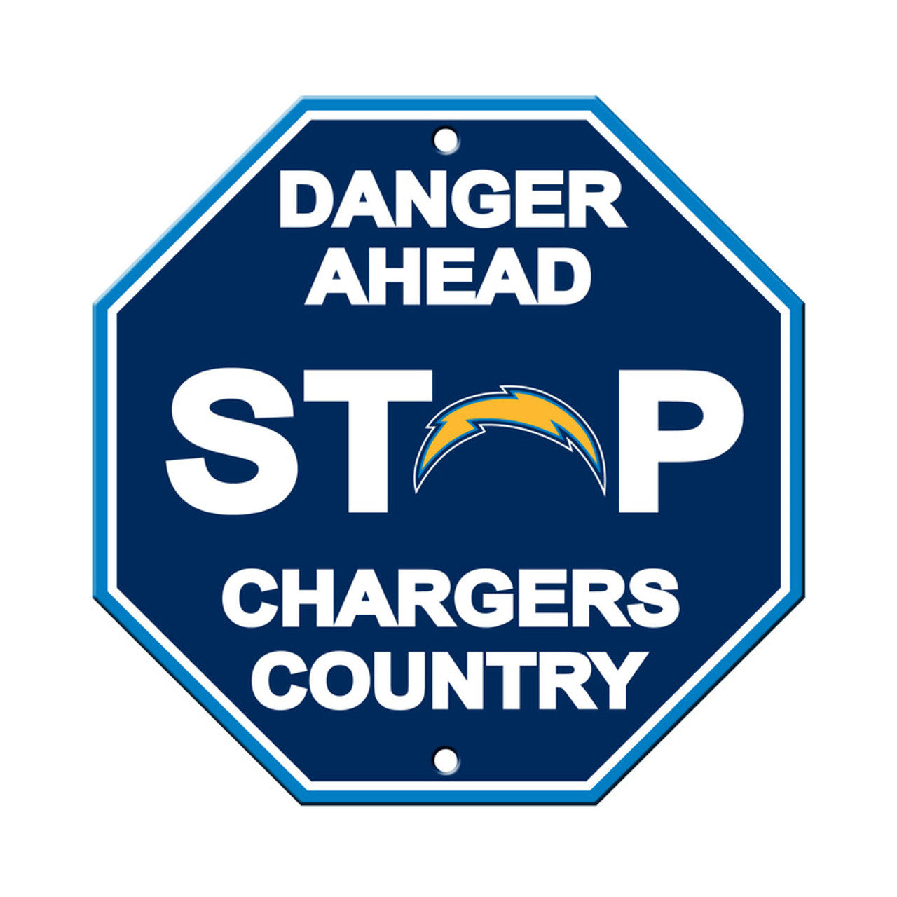 A blue and white octagonal stop sign with the Los Angeles Chargers NFL team branding and the text 'DANGER AHEAD STOP CHARGERS COUNTRY'.