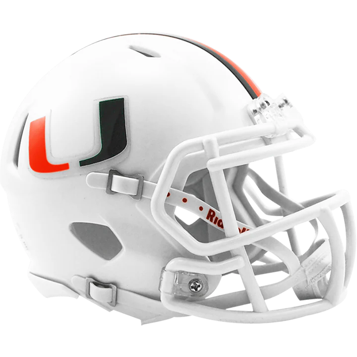 Miami Hurricanes Replica NCAA Mini Speed Helmet, 5" tall, chinstrap, metal faceguard, great for autographs.