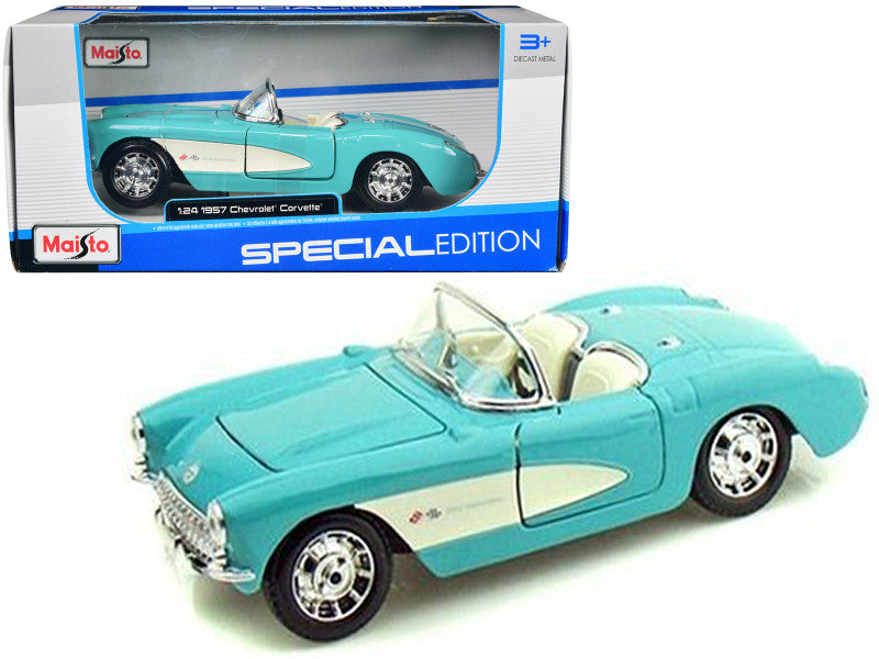 Maisto 1957 Chevrolet Corvette 1/24 diecast model car, turquoise, opening hood and doors, detailed collectible.
