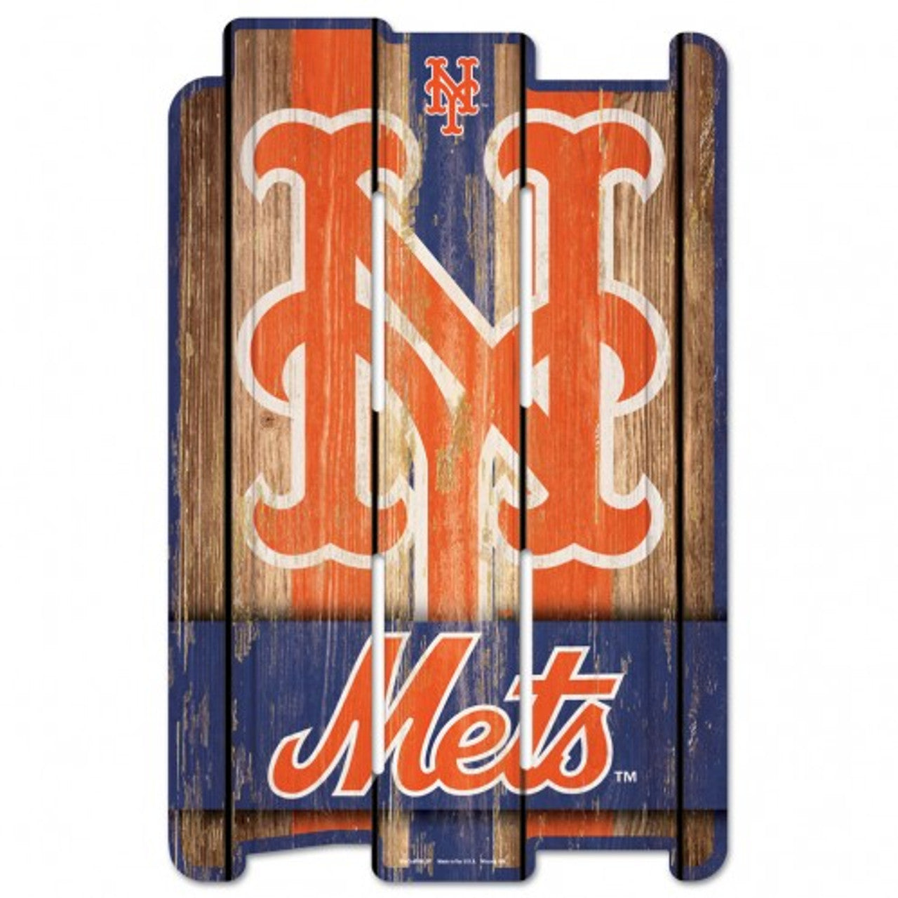 New York Mets 11"x17" Wood Fence Sign with team colors, graphics, and routed hanging hole. Made in USA by Wincraft