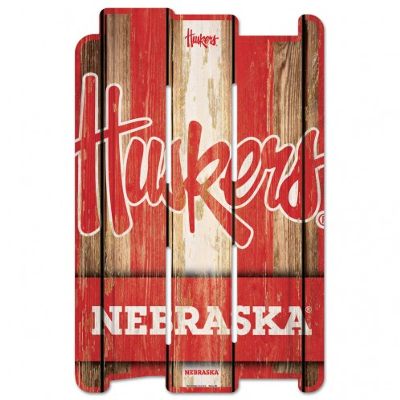 Nebraska Cornhuskers 11x17 wood fence sign with rustic team graphics, officially licensed by Wincraft