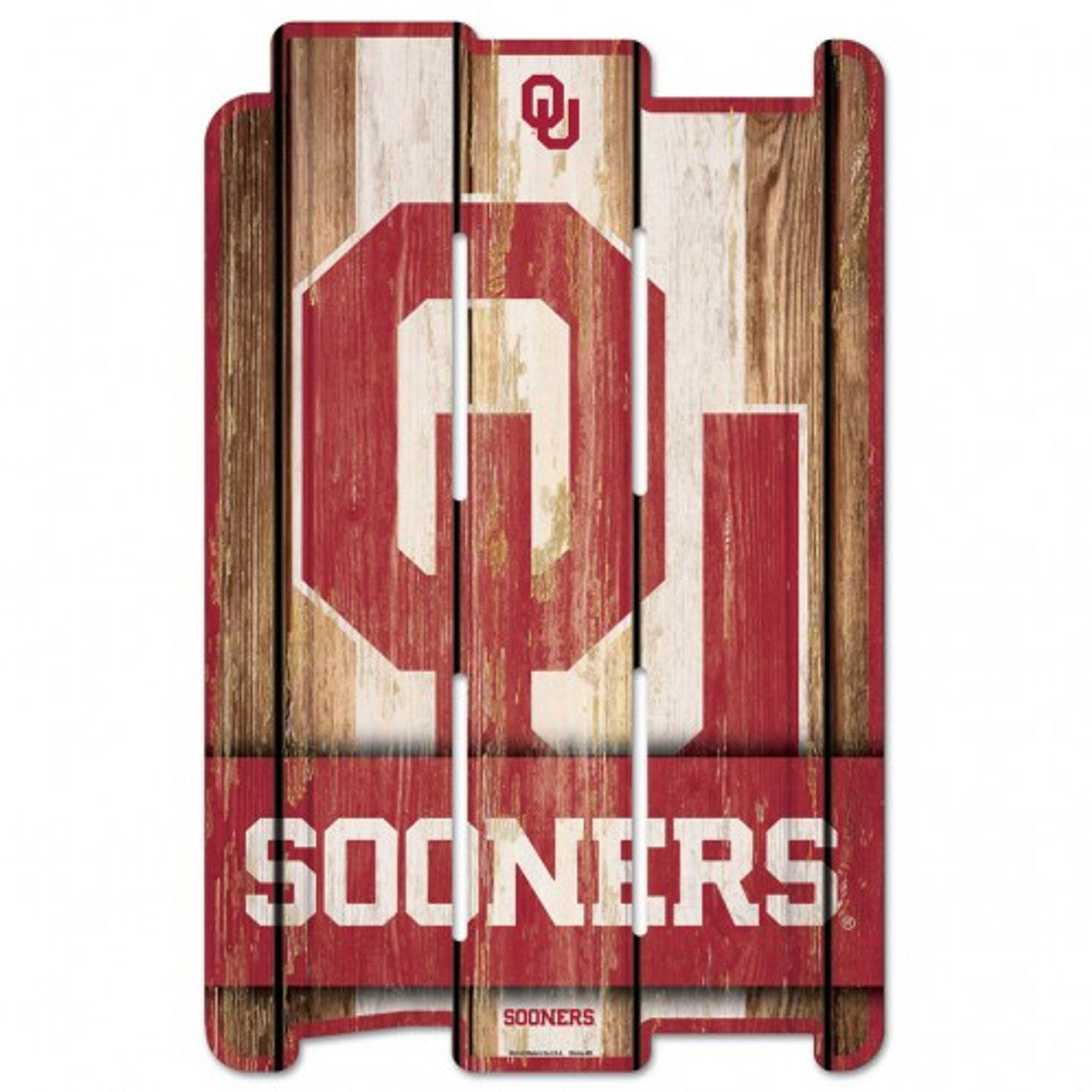 Oklahoma Sooners 11x17 wood fence sign with rustic team graphics, officially licensed by Wincraft