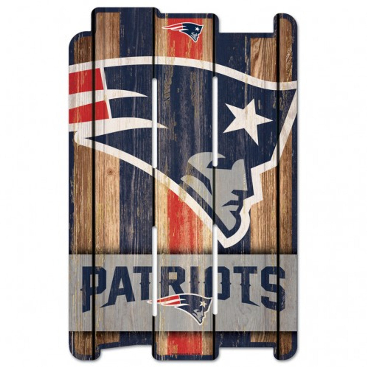 New England Patriots 11x17 wood fence sign with rustic team graphics, officially licensed by Wincraft