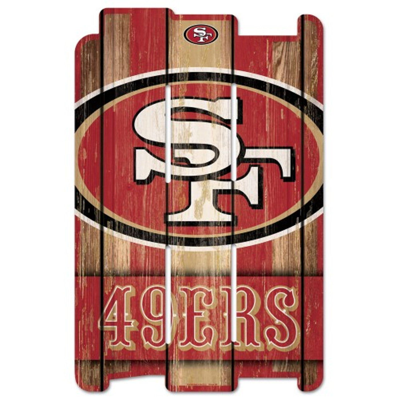 San Francisco 49ers 11x17 wood fence sign made from durable 3/8 inch hardboard with vibrant team graphics, officially licensed by Wincraft