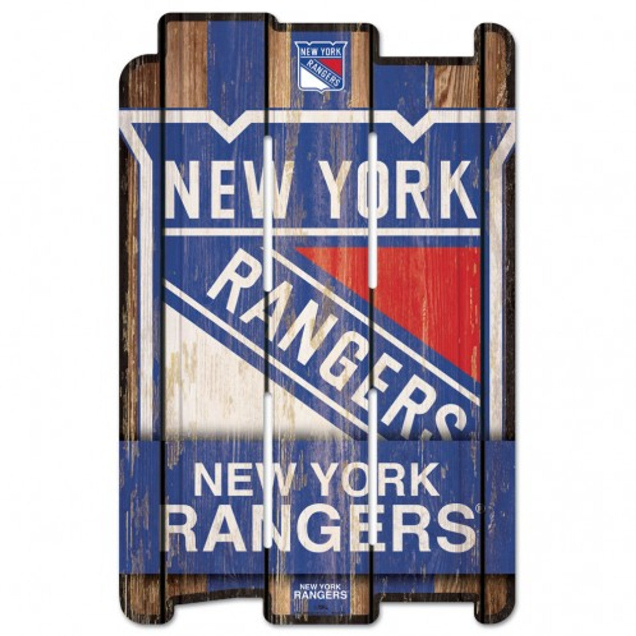 New York Rangers 11x17 wood fence sign with team colors, routed hanging hole, officially licensed and made in USA