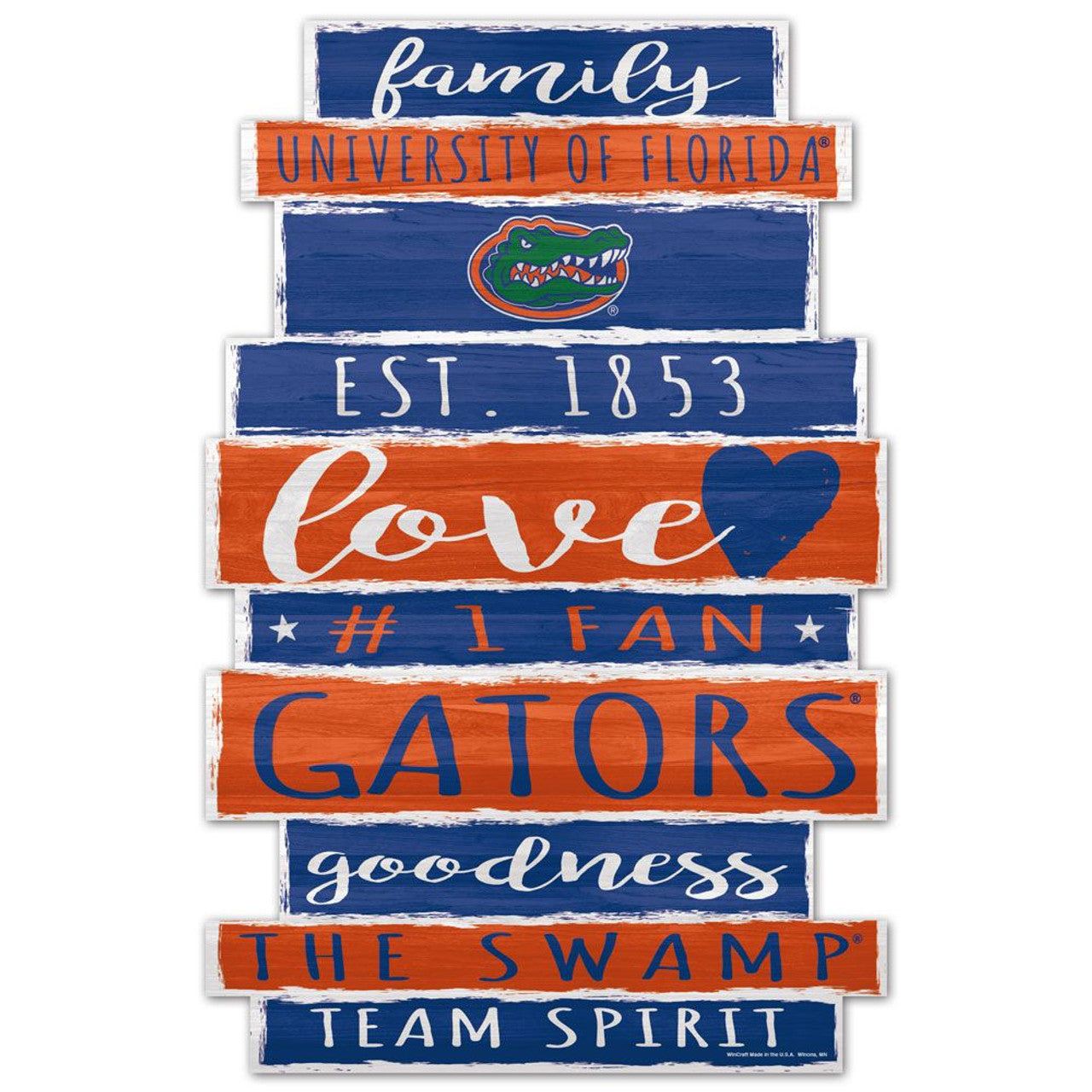 Florida Gators 11x17 Family Word Design wood sign with bold orange and blue team colors and graphics.