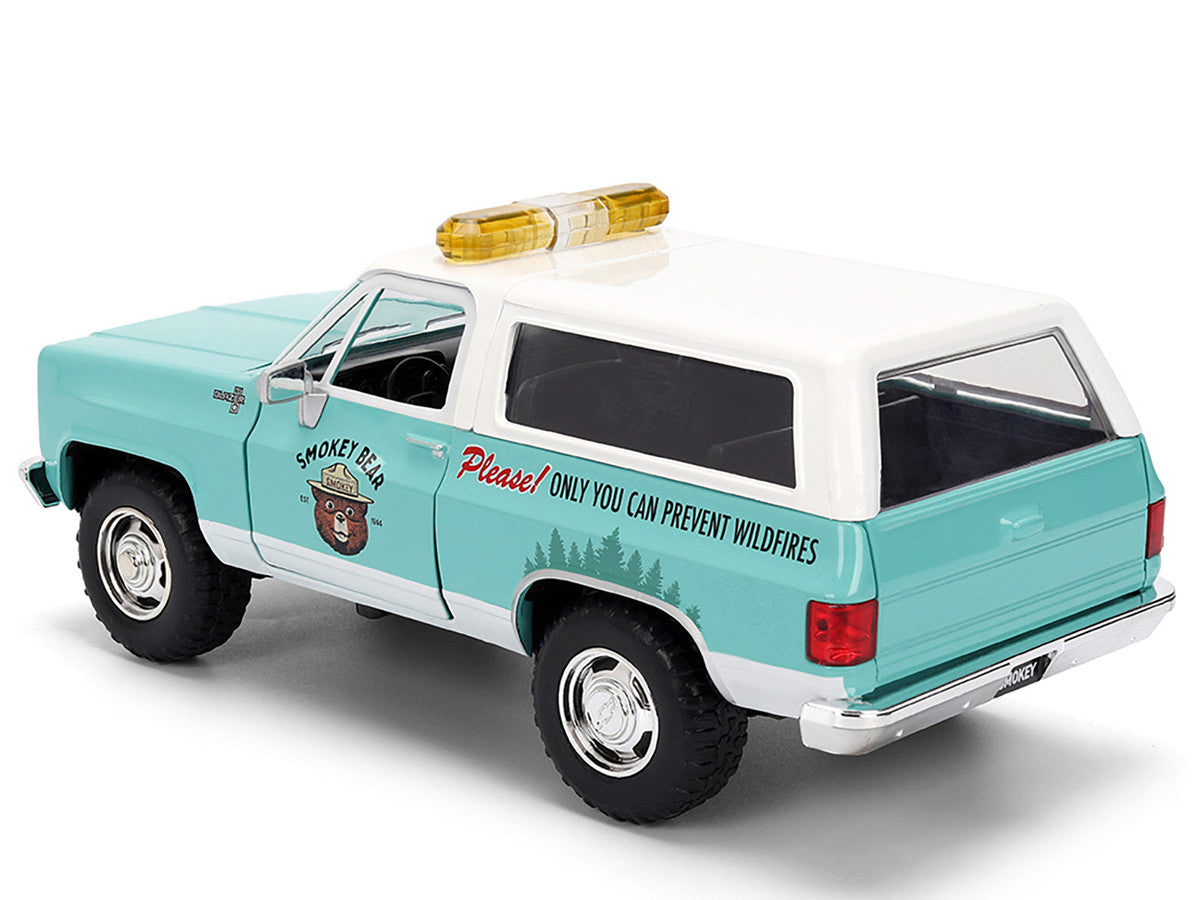 1980 Chevrolet Blazer Light Green with White Top and Graphics and Smokey Bear Diecast Figure 1/24 Diecast Model by Jada