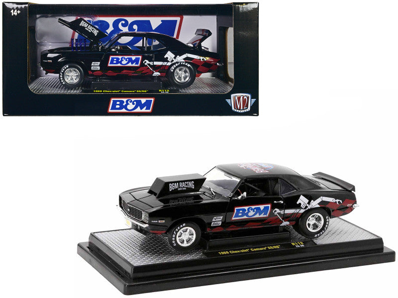 M2 Machines 1/24 1969 Chevy Camaro SS/RS Black B&M Racing diecast car with opening parts and detailed interior.