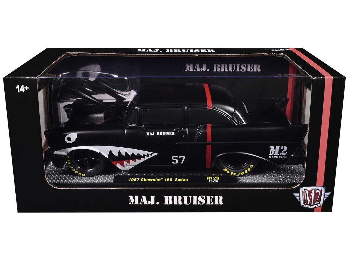 1957 Chevrolet 150 Sedan "Maj. Bruiser" Matt Black with Red Stripe and Shark Mouth Graphics Limited Edition Worldwide 1/24 Diecast Car by M2 Machines