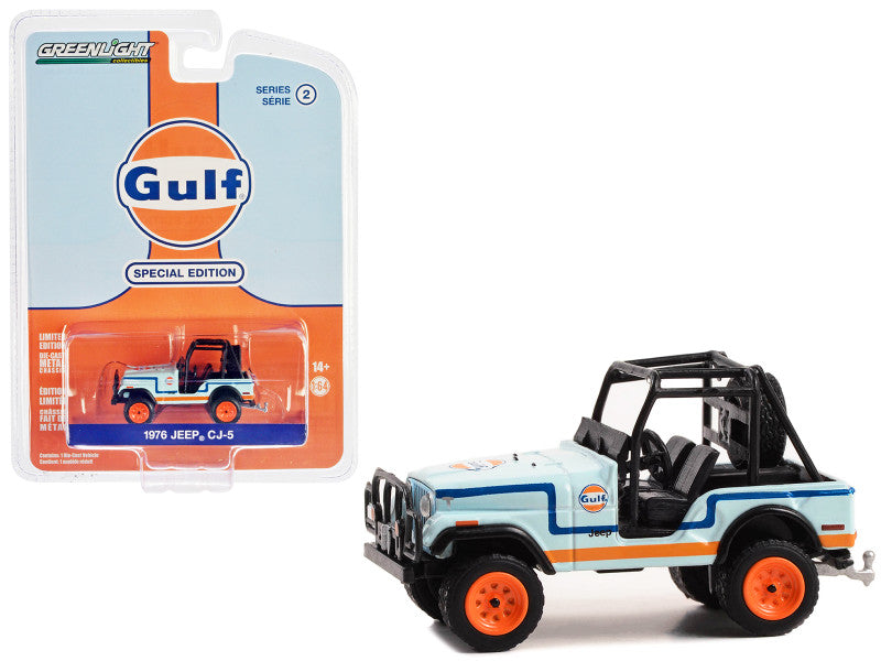 Greenlight 1/64 scale 1976 Jeep CJ-5 Gulf Oil Special Edition diecast model in light blue with blue and orange stripes