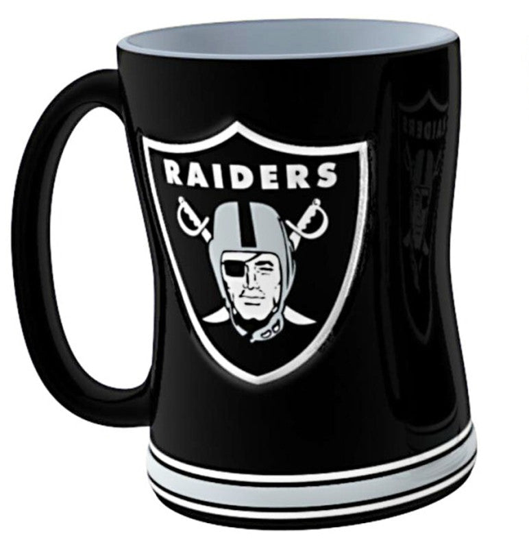 Las Vegas Raiders 14 oz ceramic coffee mug with 3D logo, team colors, and team name on handle. Microwave & dishwasher safe.