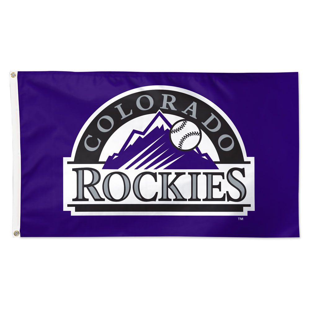 Colorado Rockies MLB 3x5 team flag with official logo, purple and black colors, polyester fabric, and metal grommets