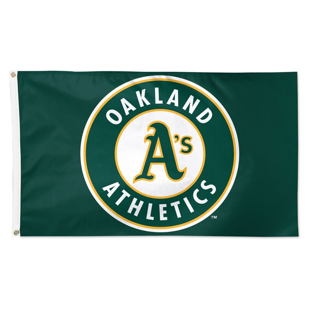 Oakland A’s MLB 3x5 team flag featuring official green and gold colors, logo artwork, and metal grommets