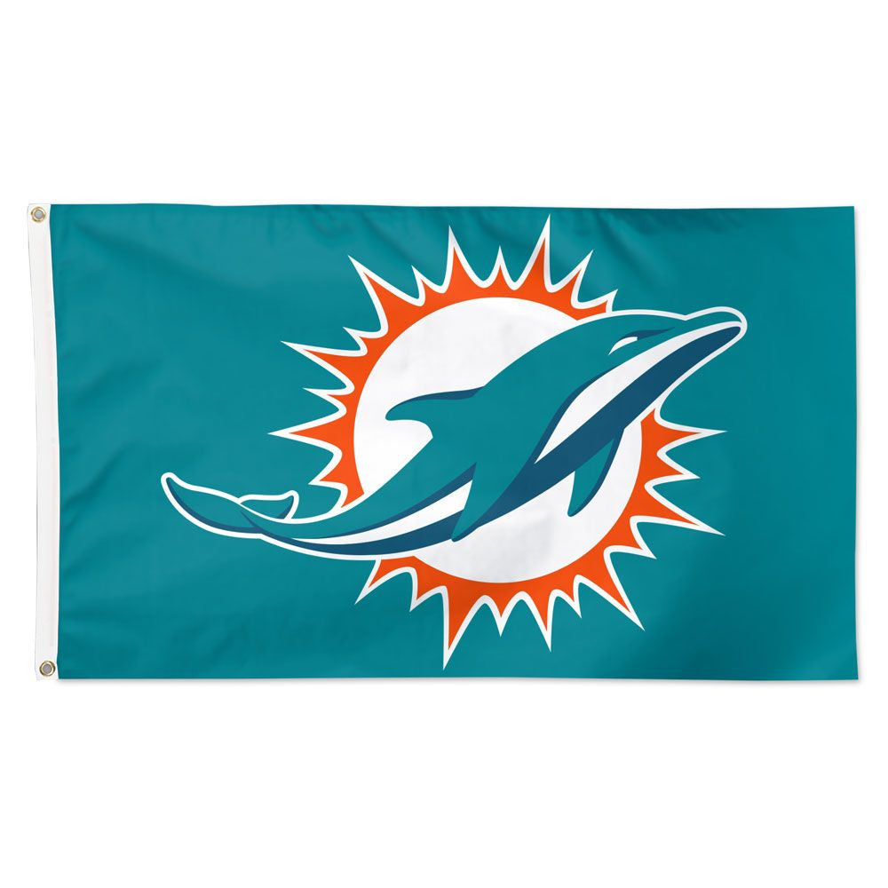 Miami Dolphins NFL 3x5 team flag with official logo and aqua-orange colors, polyester fabric, metal grommets