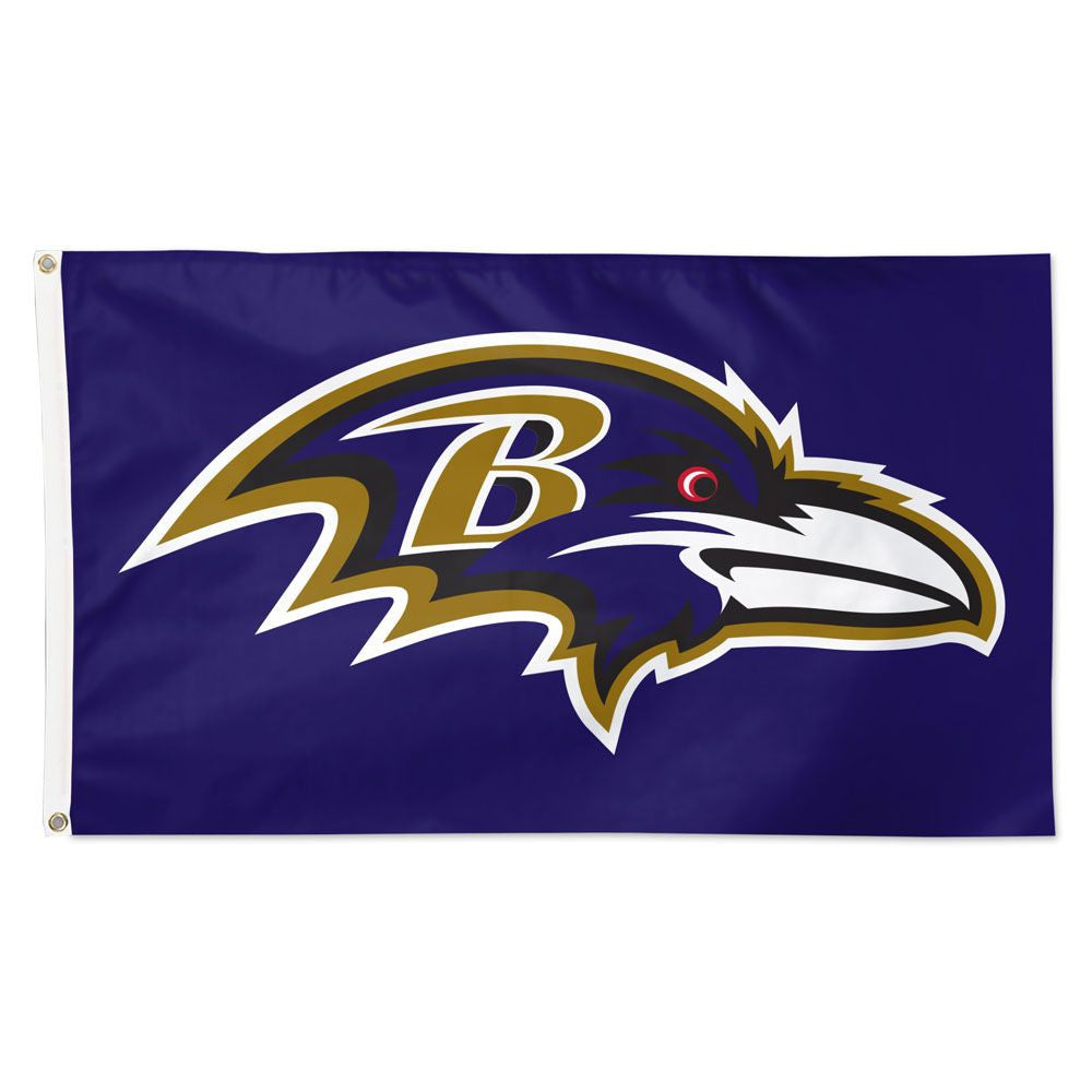 Baltimore Ravens 3x5 ft NFL flag with official logo, team colors, and metal grommets for easy hanging