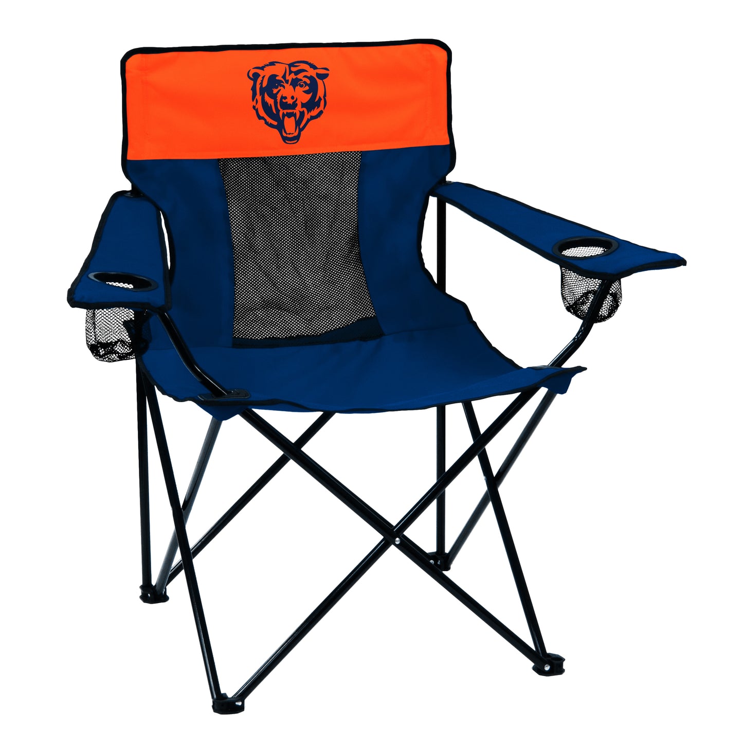 Chicago Bears Elite Chair with mesh cup holders, breathable seat and back, and included drawstring carrying bag.
