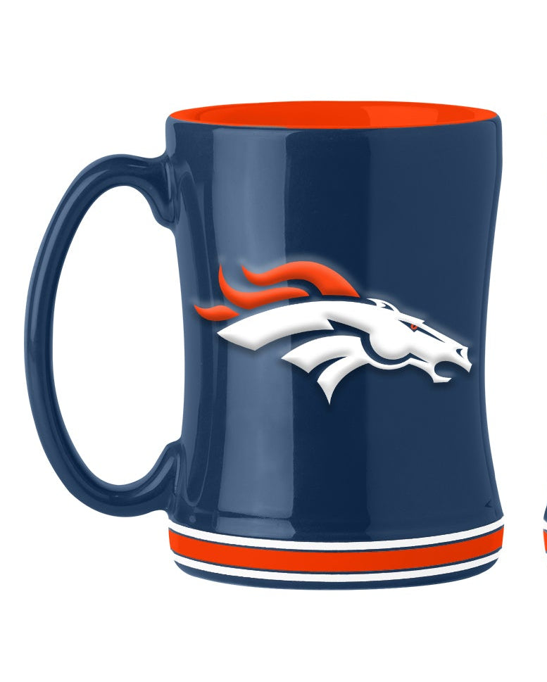 Denver Broncos 14 oz NFL ceramic coffee mug with 3D logo and team name handle by Logo Brands.