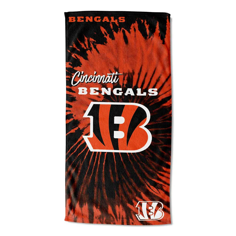 Cincinnati Bengals tie-dye beach towel with bold team logo and lightweight cotton-poly fabric, 30x60 inches