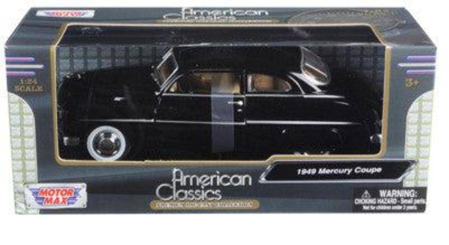 view of Motormax 1949 Mercury Black 1/24 diecast model in box. New, with real rubber tires, detailed interior and exterior, officially licensed