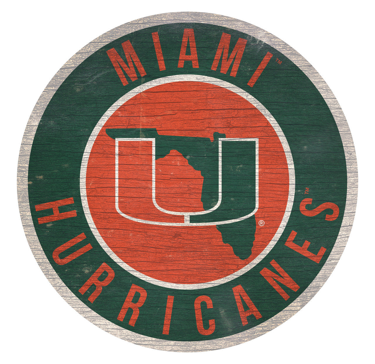 Miami Hurricanes 12" x 12" distressed wooden sign featuring Florida state outline and bold team graphics