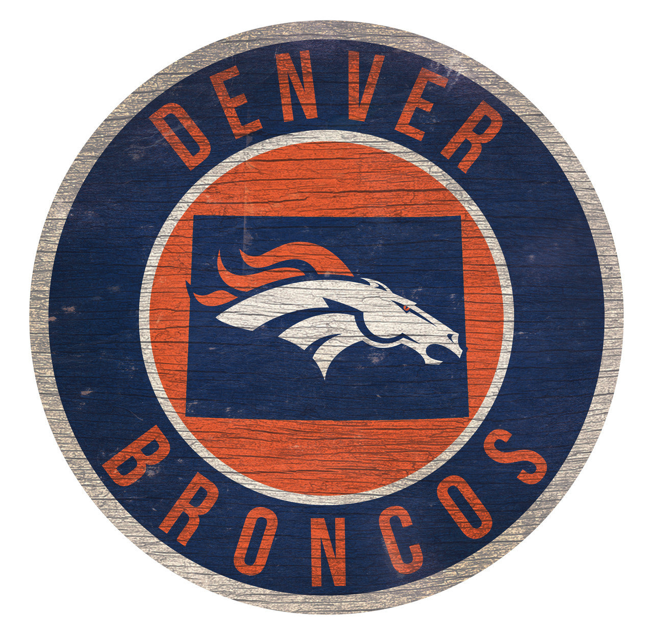 Denver Broncos distressed 12" x 12" MDF sign with Colorado state outline. Officially licensed NFL décor, made in the USA.