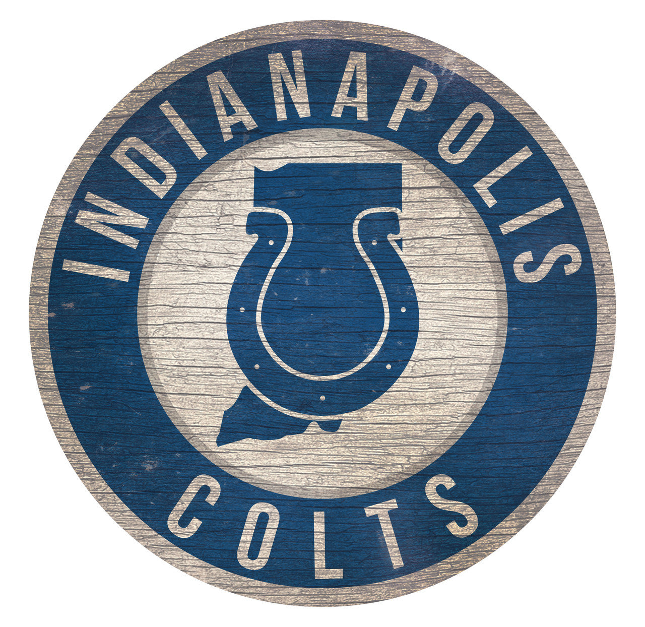 Indianapolis Colts 12" x 12" distressed wood sign with team colors and Indiana state outline. Made in the USA.