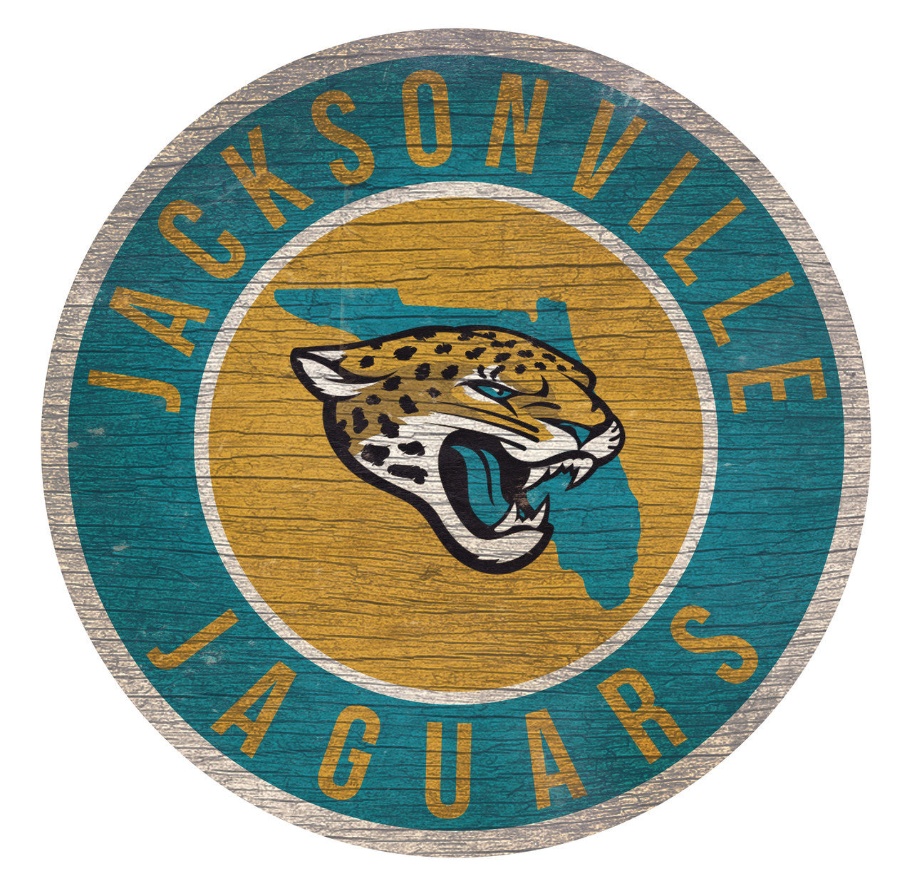 Jacksonville Jaguars 12" x 12" distressed sign with Florida state outline and team colors. Made in the USA.