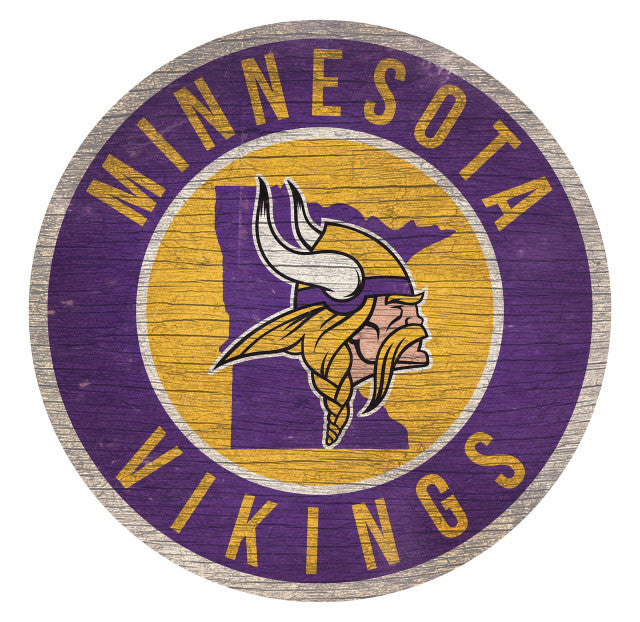 Minnesota Vikings 12" x 12" distressed wood sign with team colors and Minnesota state outline. Made in the USA.