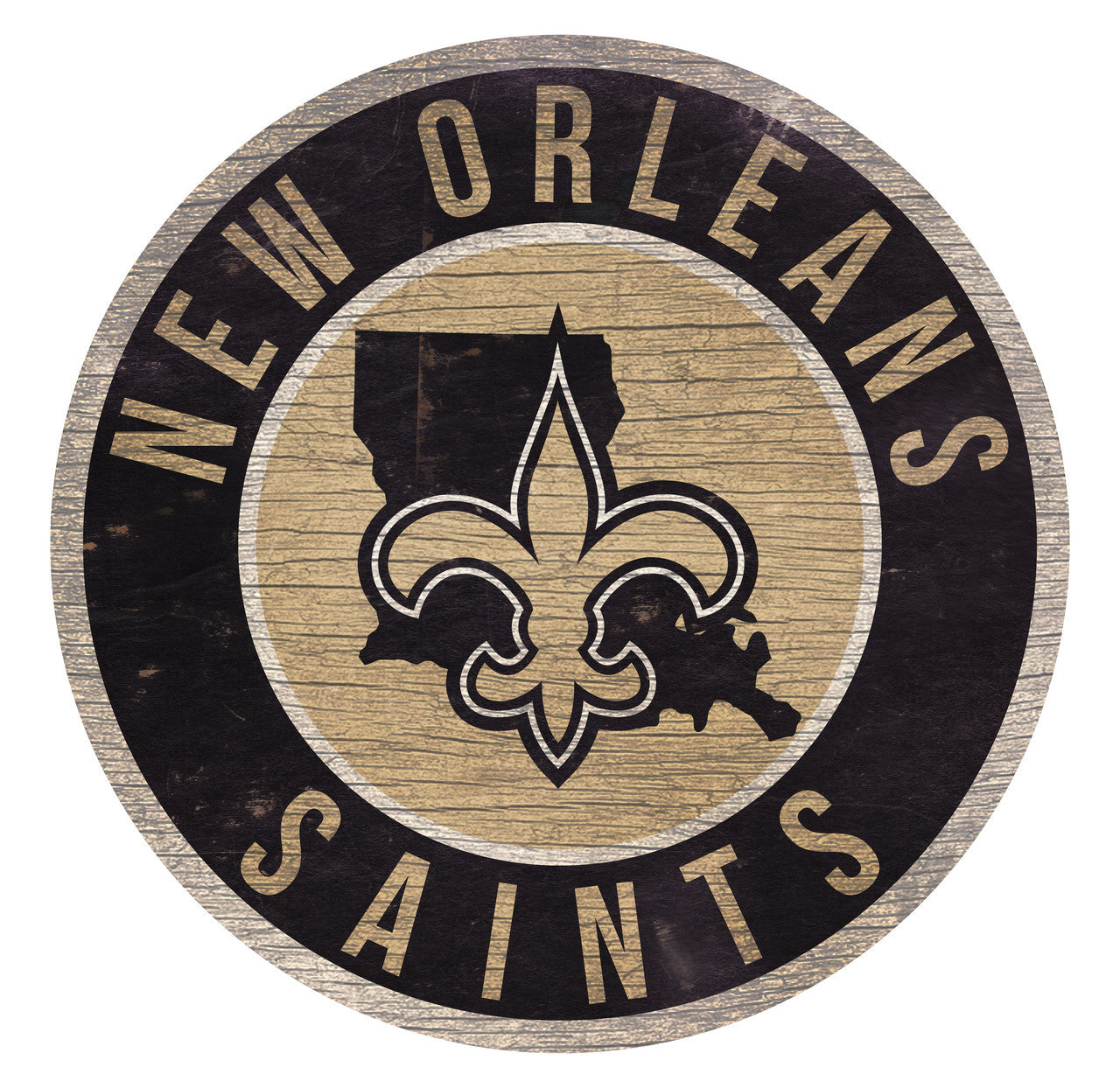 New Orleans Saints 12" x 12" distressed MDF sign with Louisiana state background and bold team colors