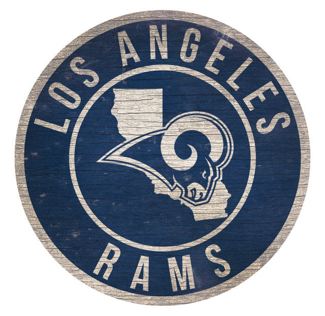 Los Angeles Rams 12" x 12" distressed MDF sign featuring team graphics and California outline. Made in the USA.