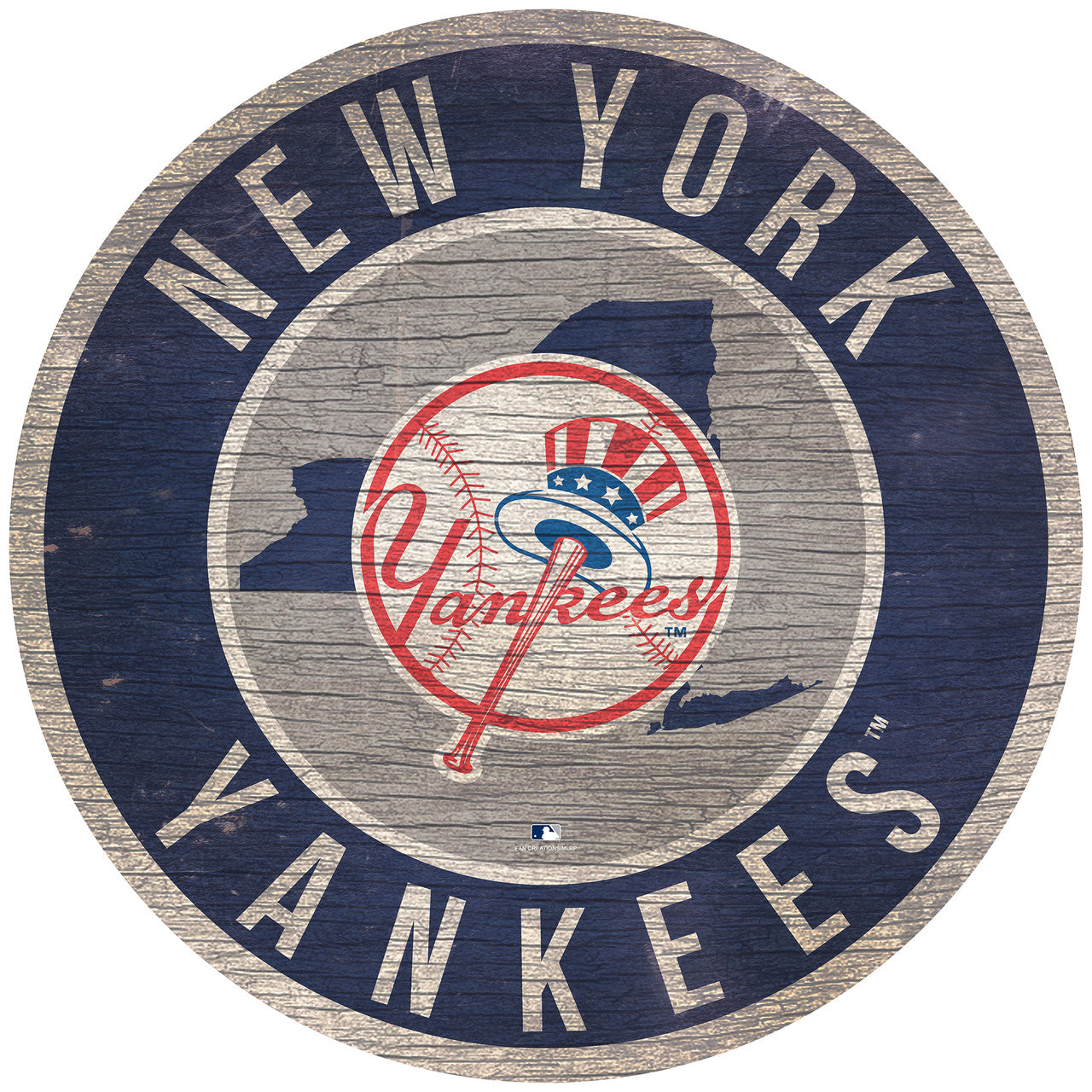 New York Yankees 12" x 12" distressed MDF wall sign with bold graphics and New York state outline in background