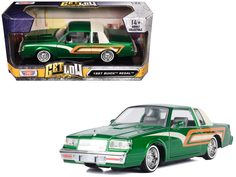 Motormax 1/24 1987 Buick Regal 3.8 SFI Turbo Green Metallic and Cream "Get Low" diecast car with opening hood and doors