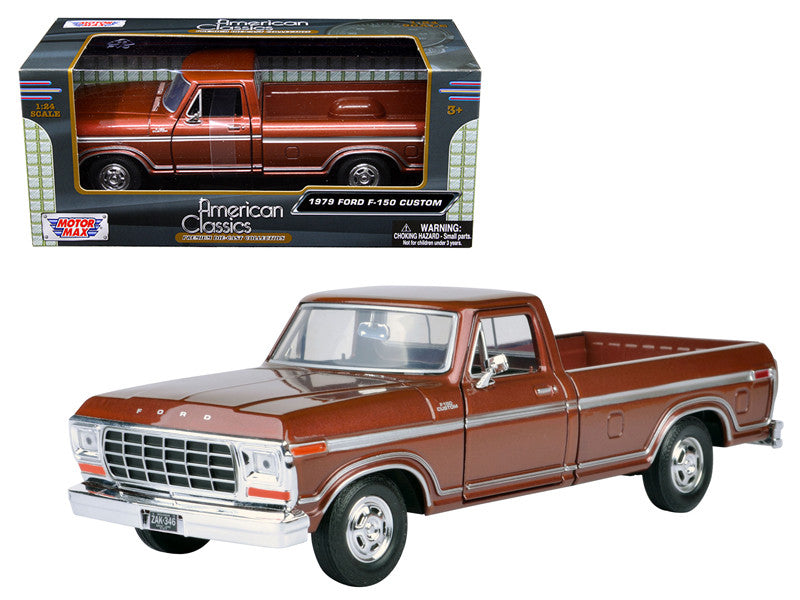 Motormax 1979 Ford F-150 brown 1/24 diecast model truck with opening doors, detailed interior and rubber tires.