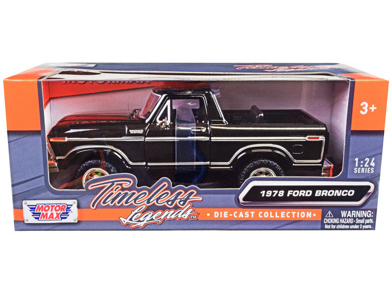 Motormax 1978 Ford Bronco Custom black 1/24 open top diecast model from Timeless Legends with opening doors.