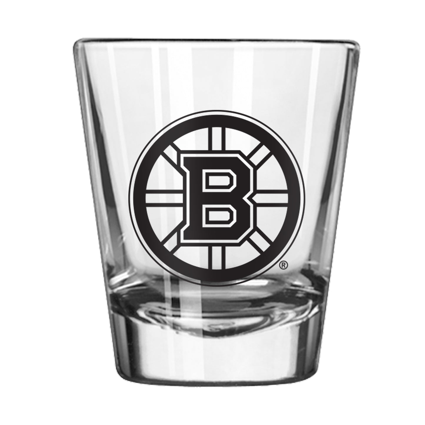 Boston Bruins 2oz classic shot glass with bold team graphics, weighted base, and chip-resistant rim by Logo Brands.