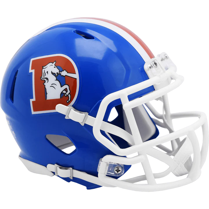 Denver Broncos NFL Throwback Mini Helmet by Riddell, 5" half-scale collectible, ideal for autographs or display.