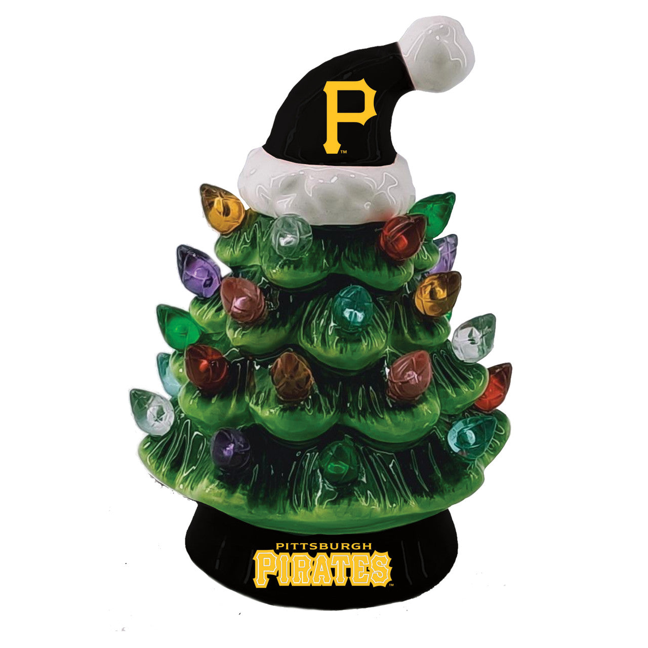Pittsburgh Pirates 4" LED Christmas tree with team graphics, lights, and Santa hat. Battery operated. Made by Evergreen.