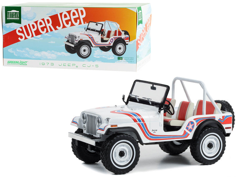 Greenlight 1/18 1973 Jeep CJ-5 Super Jeep in white with red & blue graphics, limited edition diecast collectible.