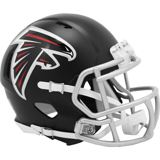 Atlanta Falcons NFL Speed Mini Helmet by Riddell, 5" tall with chinstrap, foam padding, and metal faceguard.