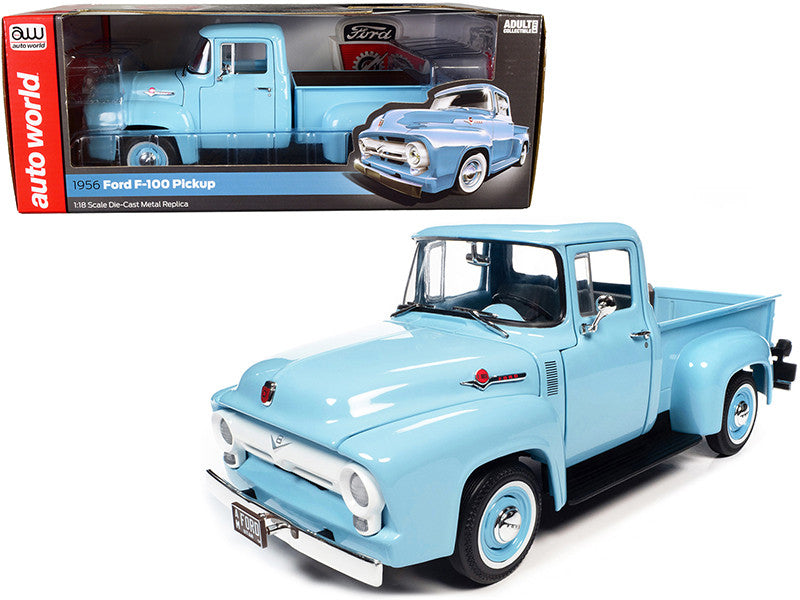 "1/18 scale 1956 Ford F-100 Mild Custom Pickup in Diamond Blue by Auto World. Detailed, steerable, with opening parts.