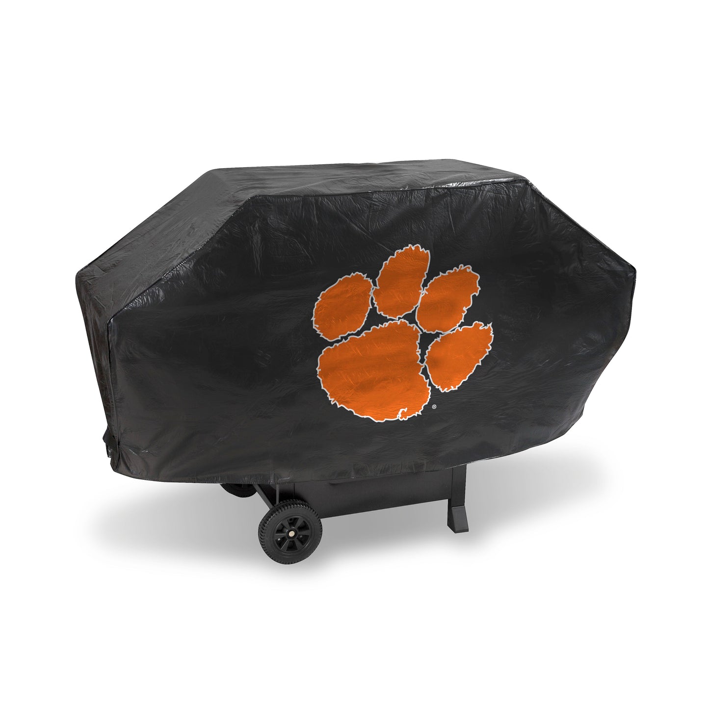 Clemson Tigers Deluxe Vinyl Grill Cover with secure straps, felt lining, and bold team logo. Fits most standard grills.