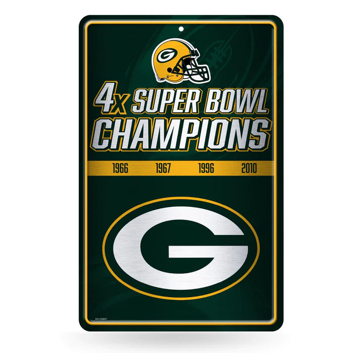 Green Bay Packers NFL metal wall sign 11x17 featuring Super Bowl championship history, officially licensed by Rico.